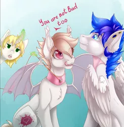 Size: 1001x1023 | Tagged: safe, artist:striped-chocolate, derpibooru import, oc, oc:turquoise, oc:wave, oc:white mouse, unofficial characters only, bat pony, pegasus, pony, unicorn, bat wings, collar, cute, ear piercing, female, flirting, gauges, gradient background, jealous, leash, male, mare, oc x oc, piercing, rcf community, shipping, stallion, wings