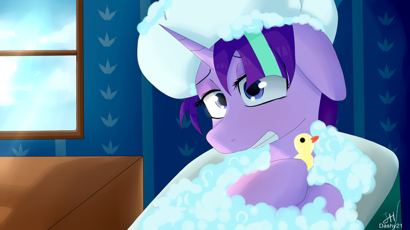 Size: 3840x2160 | Tagged: safe, artist:dashy21, derpibooru import, starlight glimmer, pony, unicorn, father knows beast, bath, bathtub, rubber duck, solo, terrified