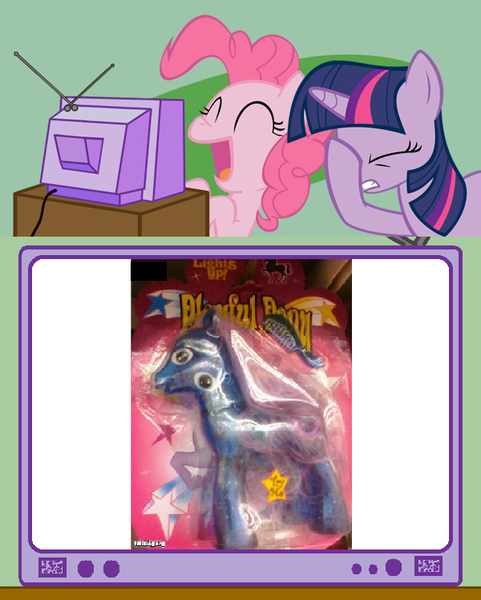 Size: 600x748 | Tagged: safe, derpibooru import, pinkie pie, twilight sparkle, pony, bootleg, eww, exploitable meme, facehoof, facepalm, fail, fake, gross, laughing, meme, nasty, nightmare fuel, not salmon, obligatory pony, television, tv meme, wat, what has science done, you had one job