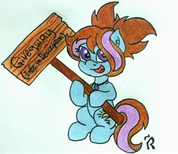 Size: 3506x3049 | Tagged: safe, artist:dawn-designs-art, derpibooru import, oc, oc:dawn, earth pony, pony, blue, female, filly, giveaway, purple eyes, raffle, sign, solo, traditional art