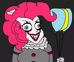 Size: 726x610 | Tagged: safe, artist:logan jones, derpibooru import, pinkie pie, equestria girls, balloon, bucktooth, clothes, clown, cosplay, costume, crazy face, derp face, faic, female, halloween, hammerspace hair, holiday, it, makeup, nightmare night, paper boat, pennywise, pinkiewise, smiling, teeth, wall eyed