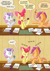 Size: 840x1200 | Tagged: safe, artist:curiousglaistig, derpibooru import, apple bloom, iron will, scootaloo, sweetie belle, pony, ask pun, ask, cutie mark crusaders, figurine, laughing