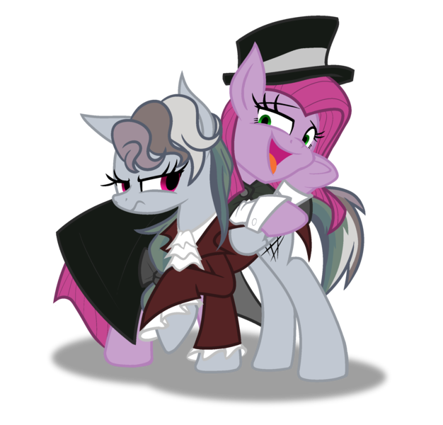 Size: 2400x2300 | Tagged: safe, artist:geraritydevillefort, derpibooru import, pinkie pie, rainbow dash, earth pony, pegasus, pony, the count of monte rainbow, clothes, crossover, dr jekyll and mr hyde, dr pinkie and miss pie, hat, musical, open mouth, simple background, the count of monte cristo, top hat, transparent background, unamused