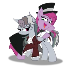 Size: 2400x2300 | Tagged: safe, artist:geraritydevillefort, derpibooru import, pinkie pie, rainbow dash, earth pony, pegasus, pony, the count of monte rainbow, clothes, crossover, dr jekyll and mr hyde, dr pinkie and miss pie, hat, musical, open mouth, simple background, the count of monte cristo, top hat, transparent background, unamused