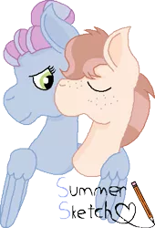 Size: 298x439 | Tagged: safe, artist:summersketch-mlp, derpibooru import, oc, oc:cursive quill, oc:turquoise edge, unofficial characters only, earth pony, pegasus, pony, kindverse, female, male, offspring, parent:coco pommel, parent:limestone pie, parent:trenderhoof, parent:zephyr breeze, parents:trenderpommel, parents:zephyrstone, simple background, straight, transparent background