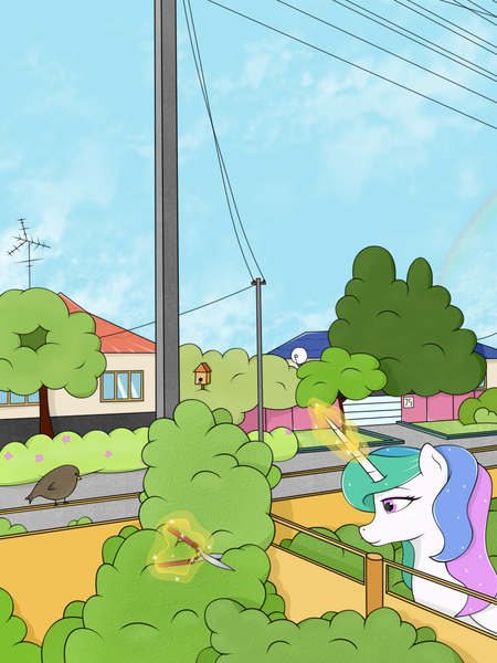 Size: 1014x1352 | Tagged: alicorn, artist:kirr12, bird, bush, derpibooru import, female, flower, magic, mare, princess celestia, rainbow, safe, scissors, solo, street, tree, wires