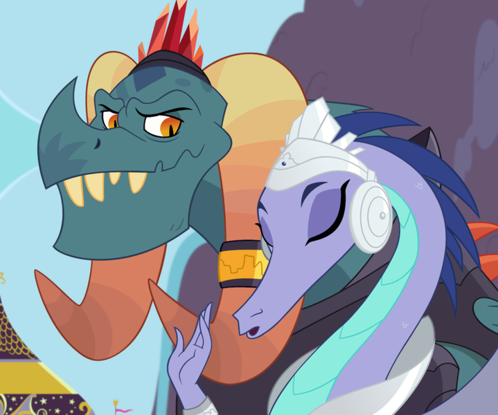 Size: 800x668 | Tagged: armor, artist:queencold, canterlot, derpibooru import, dragon, dragoness, dragon lord torch, dragon oc, duo, ember's mother, female, horn, horn ring, jewelry, male, married couple, oc, oc:blaze, parents:canon x oc, queen, regalia, ring, safe