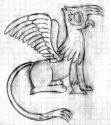 Size: 597x673 | Tagged: artist:mfg637, derpibooru import, gilda, graph paper, lined paper, monochrome, safe, sitting, sketch, solo, spread wings, traditional art, wings