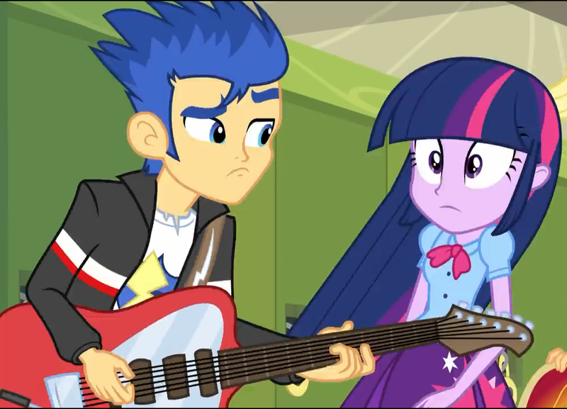 Size: 999x720 | Tagged: safe, derpibooru import, screencap, flash sentry, twilight sparkle, twilight sparkle (alicorn), alicorn, equestria girls, rainbow rocks, clothes, cropped, female, guitar, jacket, male, musical instrument, skirt