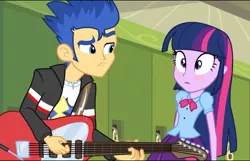 Size: 1120x720 | Tagged: safe, derpibooru import, screencap, flash sentry, twilight sparkle, twilight sparkle (alicorn), alicorn, equestria girls, rainbow rocks, blushing, clothes, female, guitar, jacket, male, musical instrument, skirt