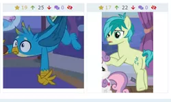 Size: 442x264 | Tagged: safe, derpibooru import, screencap, gallus, sandbar, silverstream, sweetie belle, earth pony, gryphon, pony, derpibooru, school raze, butt, claws, cropped, crowbar, curtain, cutie mark, falling, female, filly, juxtaposition, male, meta, offscreen character, paws, plot, shocked, tail, teenager, the cmc's cutie marks, window, wings