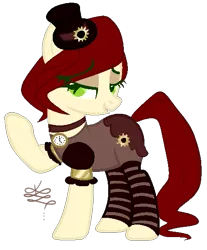 Size: 463x560 | Tagged: safe, artist:projectblastart, artist:tunchawk, derpibooru import, oc, oc:steam craft, unofficial characters only, earth pony, pony, base used, bedroom eyes, choker, clock, clothes, eyeshadow, female, hat, makeup, mare, open mouth, outfit, signature, simple background, socks, solo, steampunk, striped socks, top hat, transparent background