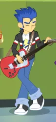 Size: 282x615 | Tagged: safe, derpibooru import, screencap, flash sentry, equestria girls, rainbow rocks, clothes, cropped, eyes closed, guitar, jacket, male, musical instrument, pants, shoes, sneakers