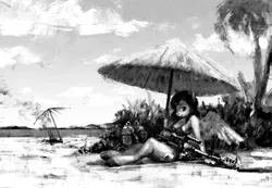 Size: 1600x1105 | Tagged: anthro, anthro oc, artist:cannibalus, beach, bikini, clothes, derpibooru import, female, flamethrower, monochrome, oc, pegasus, safe, scenery, solo, swimsuit, umbrella, unguligrade anthro, unofficial characters only, weapon