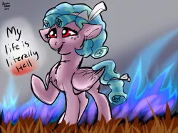 Size: 1600x1200 | Tagged: safe, artist:brainiac, derpibooru import, cozy glow, pegasus, pony, school raze, dialogue, female, filly, fire, foal, folded wings, hell, mare, pure concentrated unfiltered evil of the utmost potency, pure unfiltered evil, raised hoof, solo, tartarus, text, wings