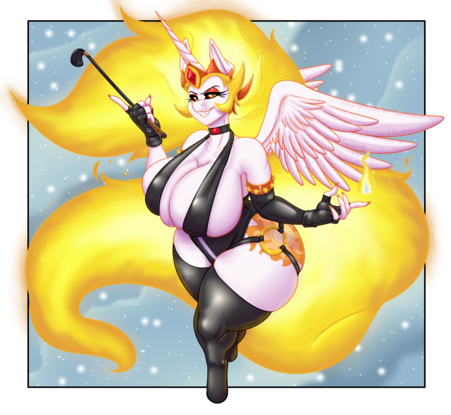 Size: 3809x3500 | Tagged: anthro, artist:blues64, artist:mr.pink, big breasts, breasts, busty daybreaker, clothes, daybreaker, derpibooru import, female, fingerless gloves, fire, gloves, huge breasts, solo, solo female, suggestive, unguligrade anthro, whip