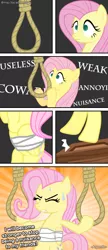 Size: 476x1100 | Tagged: semi-grimdark, artist:mlpfbismagic, derpibooru import, fluttershy, pegasus, pony, bait and switch, comic, escape, everything went better than expected, exercise, female, getting stronger, good end, implied hanging, mare, meme, noose, rope, solo, strength, subversion, training, training montage