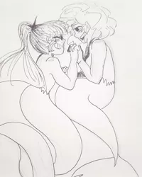 Size: 750x938 | Tagged: safe, artist:nichroniclesvsart, derpibooru import, sci-twi, sunset shimmer, twilight sparkle, mermaid, equestria girls, blushing, cute, eyes closed, female, happy, holding hands, inktober, lesbian, lineart, looking at each other, mermaid lovers, mermaidized, scitwishimmer, shimmerbetes, shipping, species swap, sunsetsparkle, traditional art, twiabetes, underwater