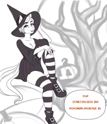 Size: 1024x1184 | Tagged: advertisement, anthro, anthro oc, artist:fairdahlia, auction, black and white, breasts, cleavage, clothes, commission, costume, derpibooru import, digital art, eye clipping through hair, female, grayscale, halloween, hat, holiday, lipstick, looking at you, mare, monochrome, oc, safe, shoes, sitting, socks, striped socks, unofficial characters only, witch costume, witch hat, ych example, your character here