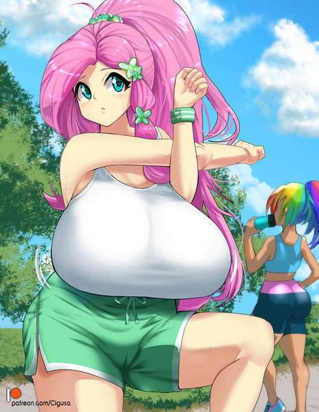 Size: 974x1259 | Tagged: questionable, artist:chigusa, derpibooru import, fluttershy, rainbow dash, bat pony, human, equestria girls, alternate hairstyle, anime, barrette, big breasts, breasts, busty fluttershy, butt, cameltoe, clothes, cloud, compression shorts, drinking, duo, duo female, female, flutterbat, gym shorts, hair tie, hairclip, hand on hip, huge breasts, human coloration, humanized, impossibly large breasts, midriff, nail polish, outdoors, patreon, ponytail, race swap, rainbutt dash, shoes, shorts, skintight clothes, sports bra, standing, stretching, sweat, sweatband, tanktop, tanned, the ass was fat, tree, wristband