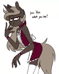 Size: 441x550 | Tagged: suggestive, artist:redxbacon, derpibooru import, oc, oc:parch well, unofficial characters only, anthro, unicorn, anthro oc, clothes, female, looking at you, maid, mare, smiling, solo, solo female