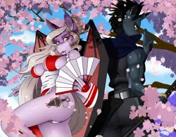 Size: 1011x790 | Tagged: suggestive, artist:chacrawarrior, derpibooru import, oc, oc:koga, oc:violet thorn, anthro, bat pony, unicorn, anthro oc, breasts, cherry blossoms, cleavage, clothes, cutie mark, erect nipples, fan, female, flower, flower blossom, katana, male, mare, ninja, nipple outline, red eyes, scarf, sky, stallion, sword, weapon, wings, yellow eyes