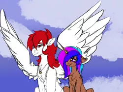 Size: 1600x1200 | Tagged: safe, artist:brainiac, derpibooru import, oc, oc:hunters moon, oc:rose sniffer, unofficial characters only, pegasus, pony, unicorn, chest fluff, female, floppy ears, large wings, lesbian, mare, married couple, oc x oc, shipping, wings