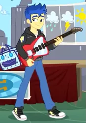 Size: 373x534 | Tagged: safe, derpibooru import, screencap, flash sentry, best trends forever, equestria girls, equestria girls series, clothes, converse, cropped, electric guitar, guitar, hoodie, male, musical instrument, pants, shoes, smiling, sneakers, solo