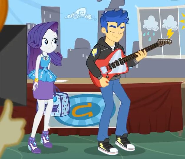 Size: 628x540 | Tagged: safe, derpibooru import, screencap, flash sentry, rarity, best trends forever, equestria girls, equestria girls series, bag, clothes, converse, cropped, electric guitar, eyes closed, female, geode of shielding, guitar, high heels, hoodie, magical geodes, male, musical instrument, pants, shoes, skirt, smiling, sneakers