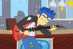 Size: 819x552 | Tagged: safe, derpibooru import, screencap, flash sentry, best trends forever, equestria girls, equestria girls series, clothes, cropped, electric guitar, eyes closed, guitar, hoodie, male, musical instrument, pants, smiling, solo