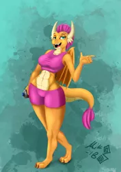 Size: 1447x2047 | Tagged: abs, anthro, artist:mik3thestrange, breasts, busty smolder, clothes, derpibooru import, digitigrade anthro, dragon, dragoness, fangs, female, horns, midriff, older, season 8, shorts, smiling, smolder, solo, solo female, spoiler:s08, sports bra, sports shorts, stupid sexy smolder, suggestive, tail, wings