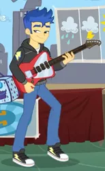 Size: 332x540 | Tagged: safe, derpibooru import, screencap, flash sentry, best trends forever, equestria girls, equestria girls series, clothes, converse, cropped, guitar, hoodie, male, musical instrument, pants, shoes, smiling, sneakers