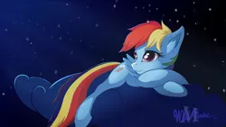 Size: 2300x1300 | Tagged: safe, artist:wildviolet-m, derpibooru import, rainbow dash, pegasus, pony, cloud, female, mare, on a cloud, smiling, solo, stars