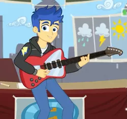 Size: 735x695 | Tagged: safe, derpibooru import, screencap, flash sentry, best trends forever, equestria girls, equestria girls series, clothes, cropped, cute, diasentres, guitar, hoodie, looking at you, male, musical instrument, pants, smiling