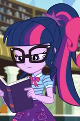 Size: 475x720 | Tagged: safe, derpibooru import, screencap, sci-twi, twilight sparkle, best trends forever, equestria girls, equestria girls series, best trends forever: pinkie pie, book, clothes, cropped, female, geode of telekinesis, glasses, magical geodes, ponytail, skirt