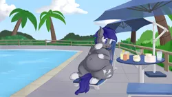 Size: 4320x2430 | Tagged: safe, artist:andelai, derpibooru import, edit, oc, oc:midnight blossom, unofficial characters only, bat pony, bat pony oc, bat wings, belly, belly button, big belly, chubby, drink, fat, female, food, high res, poolside, wings