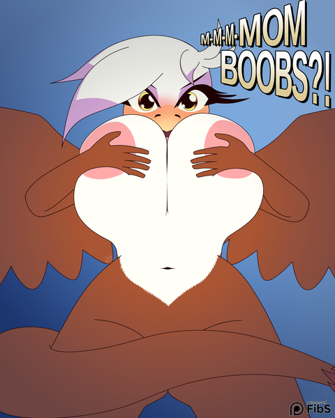 Size: 1680x2100 | Tagged: questionable, artist:fibs, derpibooru import, gilda, anthro, gryphon, areola, areola slip, belly button, big areola, big breasts, blushing, breasts, busty gilda, covered nipples, embarrassed, female, gradient background, huge breasts, nudity, patreon, patreon logo, solo, solo female, speech, strategically covered, talking, text