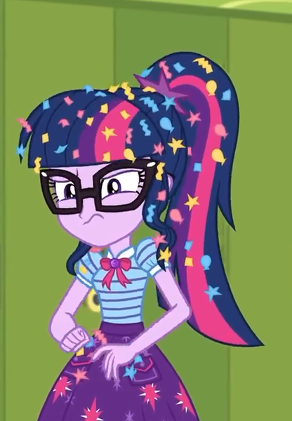 Size: 477x688 | Tagged: safe, derpibooru import, screencap, sci-twi, twilight sparkle, best trends forever, equestria girls, equestria girls series, annoyed, best trends forever: pinkie pie, canterlot high, clothes, confetti, cropped, female, geode of telekinesis, glasses, hallway, lockers, magical geodes, messy hair, ponytail, skirt, solo