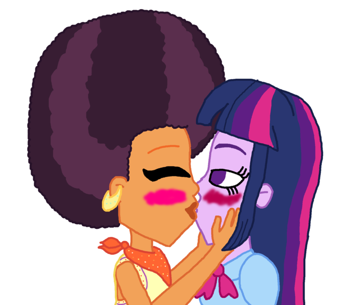 Size: 1800x1565 | Tagged: safe, artist:bigpurplemuppet99, derpibooru import, saffron masala, twilight sparkle, equestria girls, afro, alternate clothes, alternate hairstyle, female, kissing, lesbian, profile, shipping, simple background, transparent background, twiffron