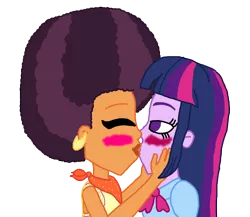 Size: 1800x1565 | Tagged: safe, artist:bigpurplemuppet99, derpibooru import, saffron masala, twilight sparkle, equestria girls, afro, alternate clothes, alternate hairstyle, female, kissing, lesbian, profile, shipping, simple background, transparent background, twiffron