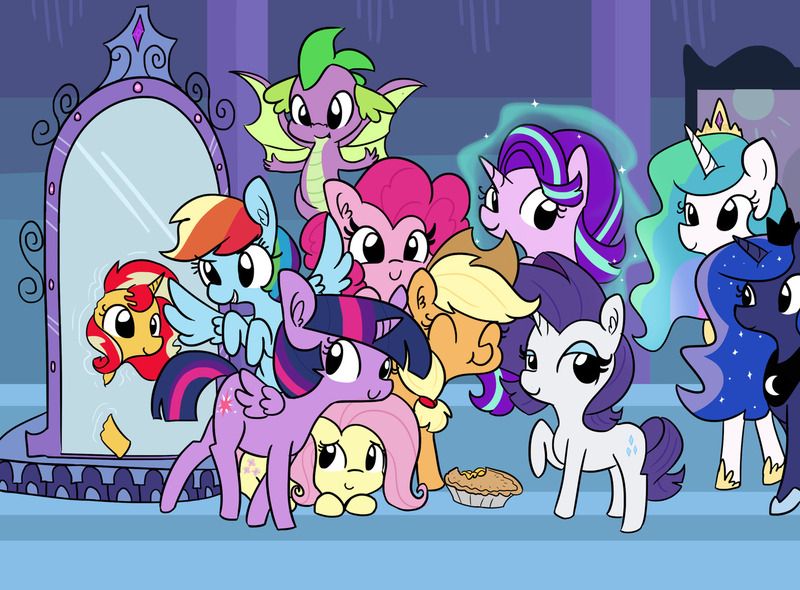 Size: 1280x944 | Tagged: safe, artist:tjpones, derpibooru import, applejack, fluttershy, pinkie pie, princess celestia, princess luna, rainbow dash, rarity, spike, starlight glimmer, sunset shimmer, twilight sparkle, twilight sparkle (alicorn), alicorn, dragon, earth pony, pegasus, pony, unicorn, :d, alternate mane seven, aweeg*, c:, crown, ear fluff, eating, eyes closed, female, food, hat, horseshoes, jewelry, levitation, magic, magic glow, magic mirror, male, mane nine, mane seven, mane six, mare, peytral, pie, raised hoof, regalia, royal sisters, self-levitation, smiling, spread wings, telekinesis, winged spike, wings