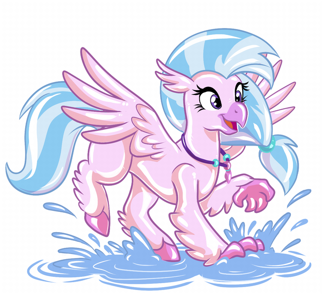 Size: 1200x1103 | Tagged: safe, artist:likeshine, derpibooru import, silverstream, classical hippogriff, hippogriff, latex pony, original species, pony, cute, diastreamies, latex, puddle, rubber, shiny, simple background, solo, splashing, white background