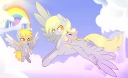 Size: 3481x2136 | Tagged: safe, artist:serathrix, derpibooru import, crackle pop, derpy hooves, dinky hooves, pegasus, pony, unicorn, brother and sister, cloud, colored pupils, colt, cute, dinkabetes, equestria's best daughter, equestria's best mother, female, filly, flying, male, mare, mother and child, mother and daughter, mother and son, nuzzling, ponies riding ponies, rainbow, riding, siblings