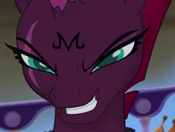 Size: 1061x804 | Tagged: safe, derpibooru import, edit, edited screencap, screencap, tempest shadow, pony, unicorn, my little pony: the movie, broken horn, corrupted, cropped, dragon ball z, equestria is doomed, evil grin, eye scar, female, grin, horn, majin, mare, possessed, scar, slasher smile, smiling, xk-class end-of-the-world scenario