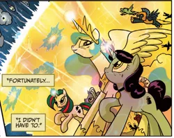 Size: 1021x813 | Tagged: safe, derpibooru import, idw, official, gusty, gusty the great, powder, princess celestia, professor inkwell, alicorn, pegasus, pony, unicorn, spoiler:comic, spoiler:comicm08, cropped, female, force field, g1, g1 to g4, g4, generation leap, mare, official comic