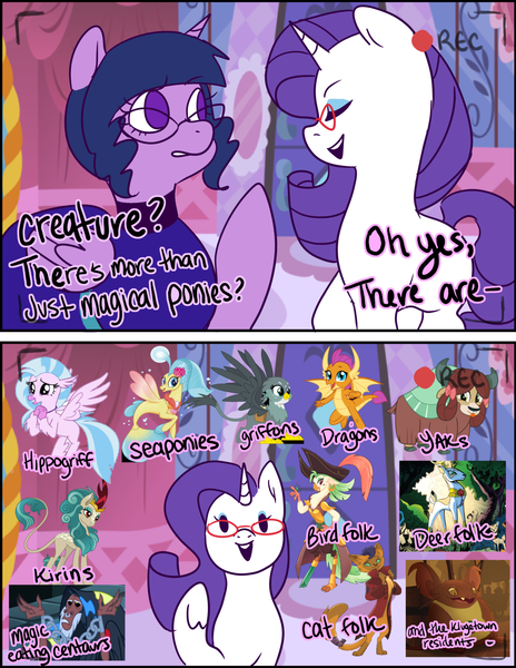 Size: 1280x1656 | Tagged: safe, artist:nichroniclesvsart, derpibooru import, capper dapperpaws, captain celaeno, gabby, king aspen, lord tirek, princess skystar, rain shine, rarity, sci-twi, silverstream, smolder, twilight sparkle, twilight sparkle (alicorn), yona, ponified, alicorn, cat, centaur, dragon, gryphon, hippogriff, kirin, pony, seapony (g4), unicorn, yak, series:princess sciset, my little pony: the movie, camera shot, equestria girls ponified, recording, scitwilicorn