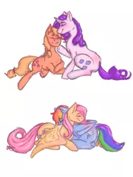 Size: 960x1280 | Tagged: safe, artist:boyslushie, derpibooru import, applejack, fluttershy, rainbow dash, rarity, pony, blushing, cute, cutie mark, daaaaaaaaaaaw, dashabetes, eyes closed, female, flutterdash, jackabetes, lesbian, mare, nuzzling, prone, raribetes, rarijack, shipping, shyabetes, simple background, sitting, smiling, white background