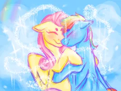 Size: 1280x960 | Tagged: safe, artist:boyslushie, derpibooru import, fluttershy, rainbow dash, pegasus, pony, blushing, eyes closed, female, flutterdash, hug, lesbian, mare, shipping, smiling