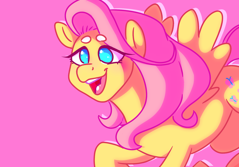 Size: 1280x896 | Tagged: safe, artist:boyslushie, derpibooru import, fluttershy, pegasus, pony, beanbrows, cutie mark, eyebrows, female, mare, no pupils, open mouth, pink background, simple background, solo