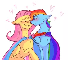 Size: 1280x1003 | Tagged: safe, artist:boyslushie, derpibooru import, fluttershy, rainbow dash, pegasus, pony, blushing, cloak, clothes, eyes closed, female, floppy ears, flutterdash, gay pride flag, heart, lesbian, mare, nuzzling, pride, pride flag, raised hoof, shipping, simple background, smiling, trans girl, transgender, transgender pride flag, white background